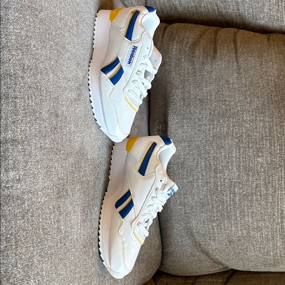 Reebok Classic White Sneakers with Blue and Yellow Highlights